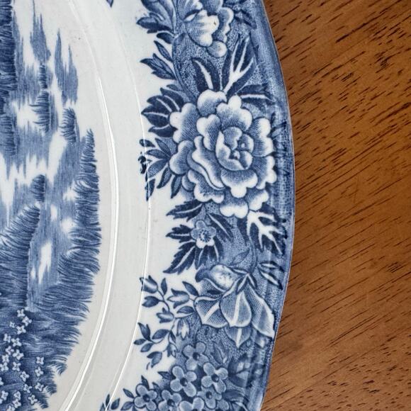 English Village Olde Staffordshire Blue Transferware Oval Serving Platter 10x12" - Picture 6 of 12